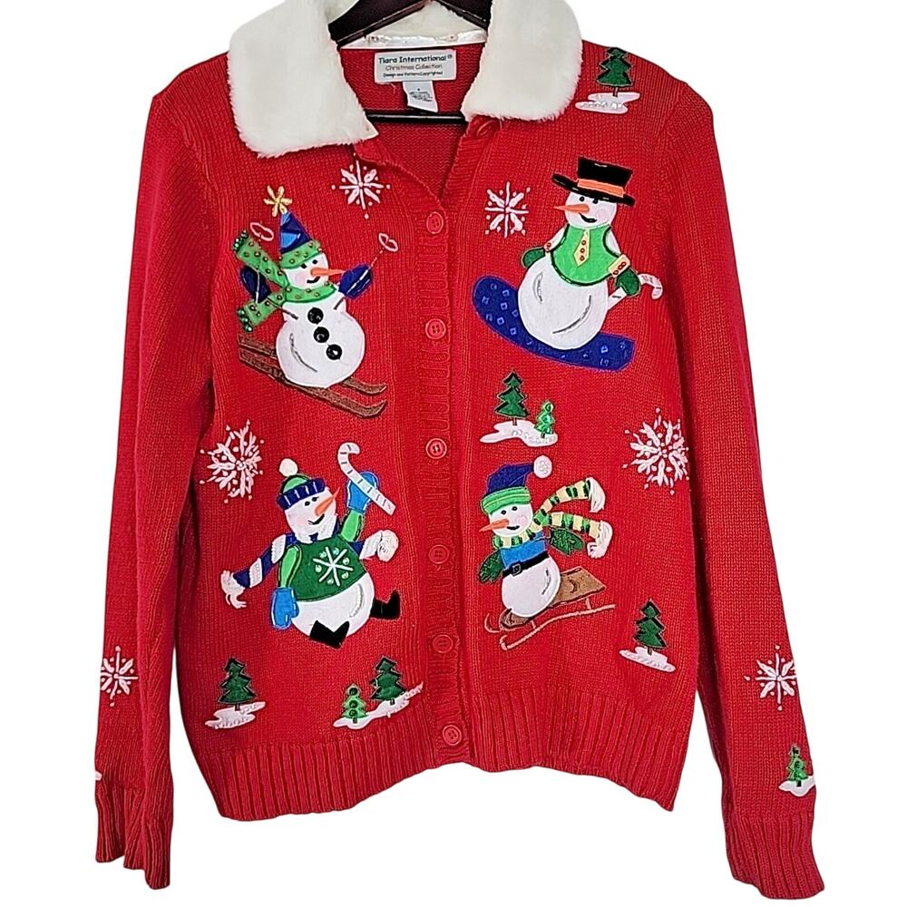 Tiara International Vintage Christmas Cardigan S Fur Trim Beaded Button Up‎ Ugly